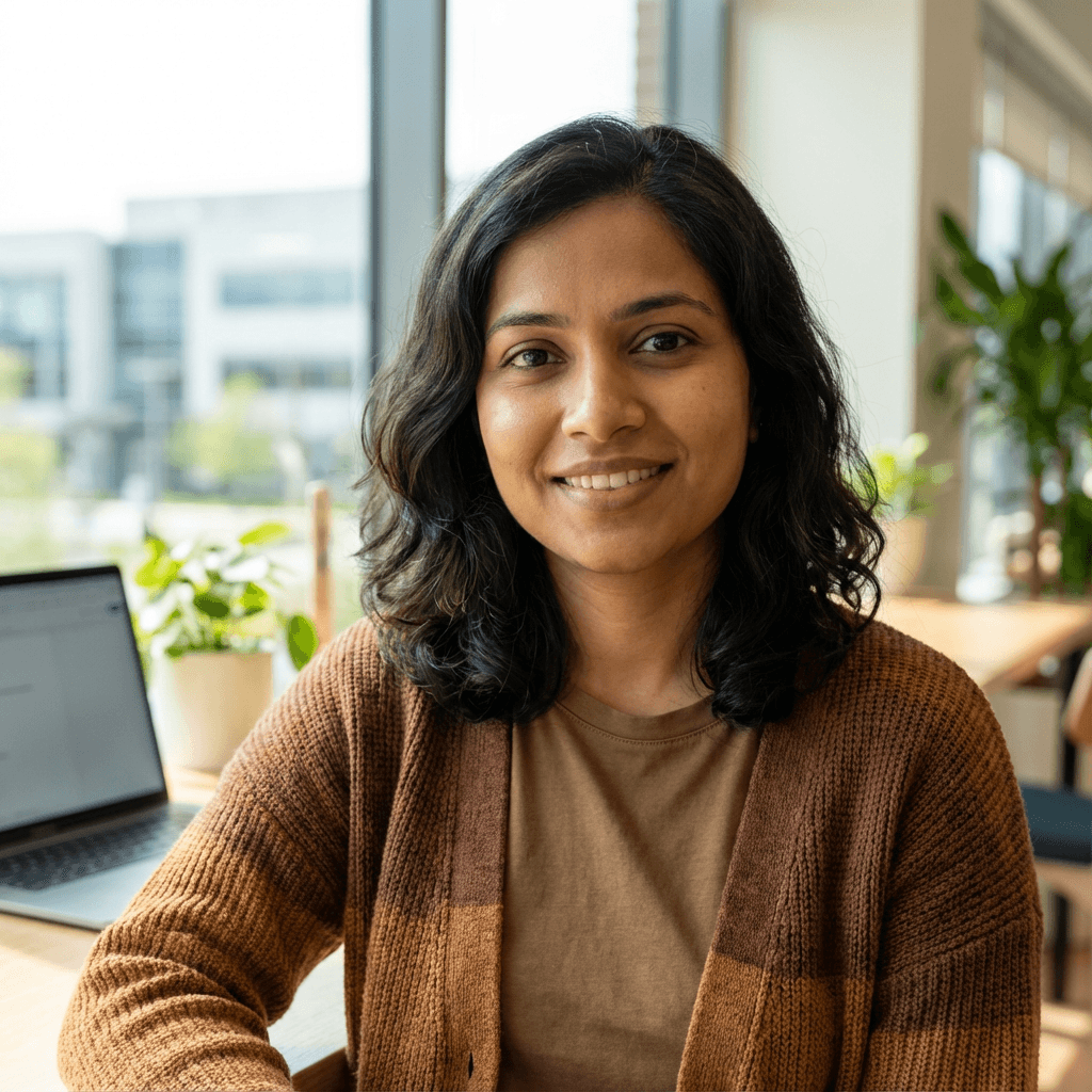 Female driver in her early 30s, South Asian, friendly urban style