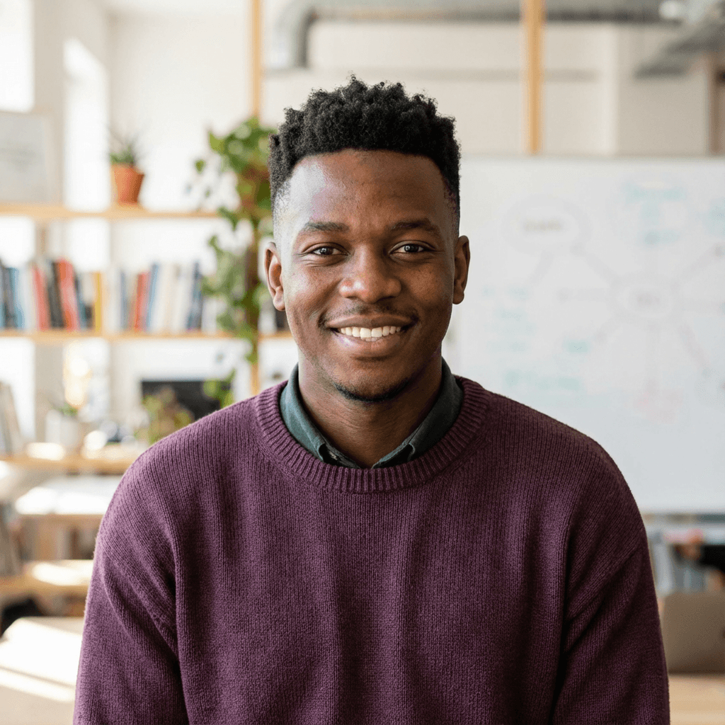 Male business owner in his 40s, Black, confident professional style
