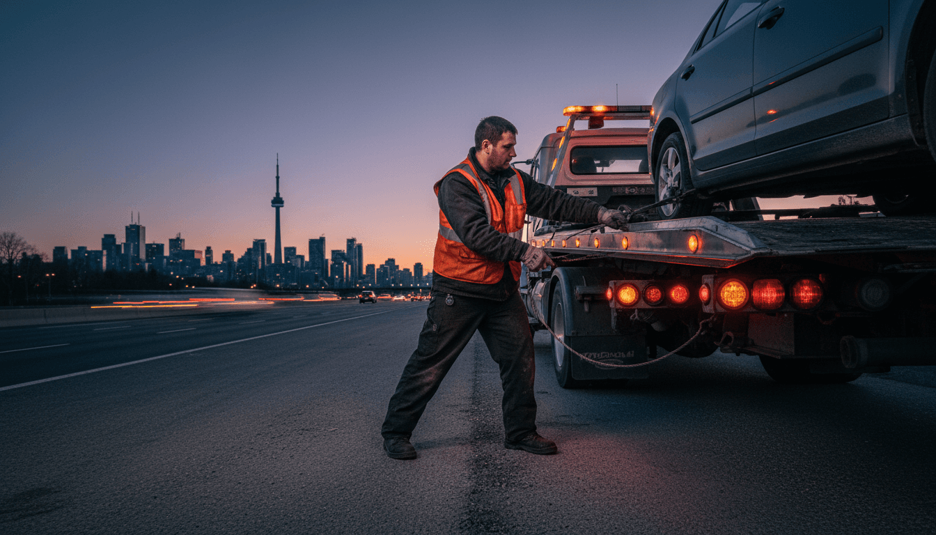 Tow truck operator securing a car on a flatbed in Toronto