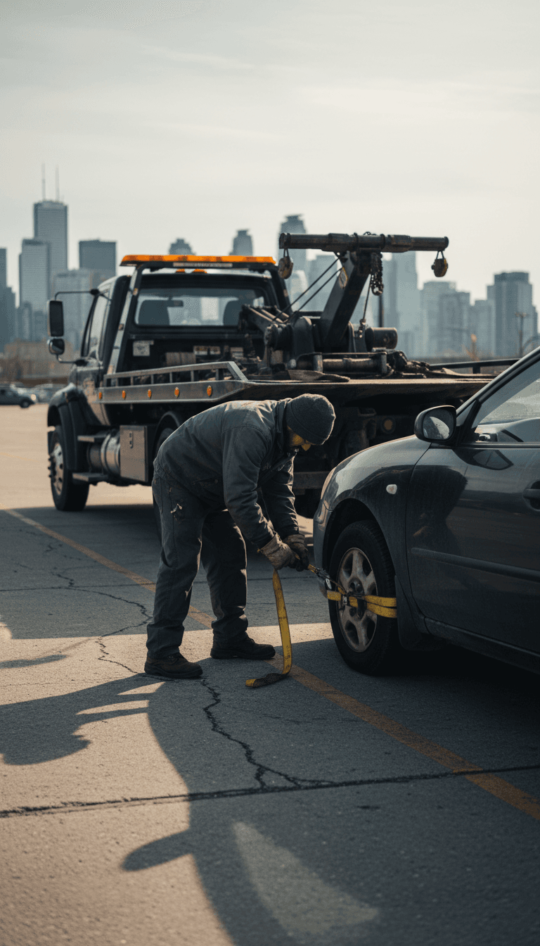 Tow truck operator securing a vehicle on a flatbed in Toronto