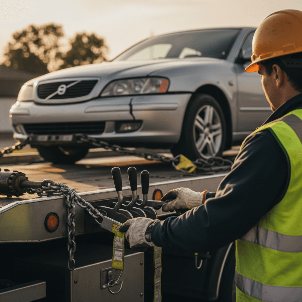 Tow truck operator securing a sedan in Toronto